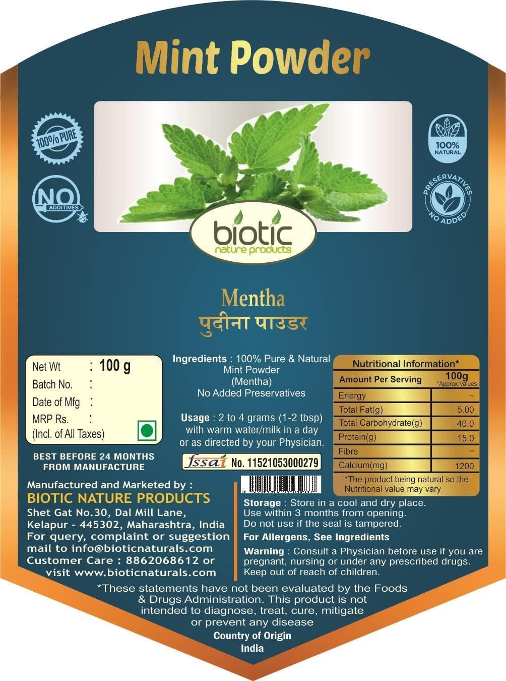 Veena Biotic Mint Powder - Pudina Leaf Powder - Pudina Leaves Powder - Fresh Mint Leaf Powder - 100G