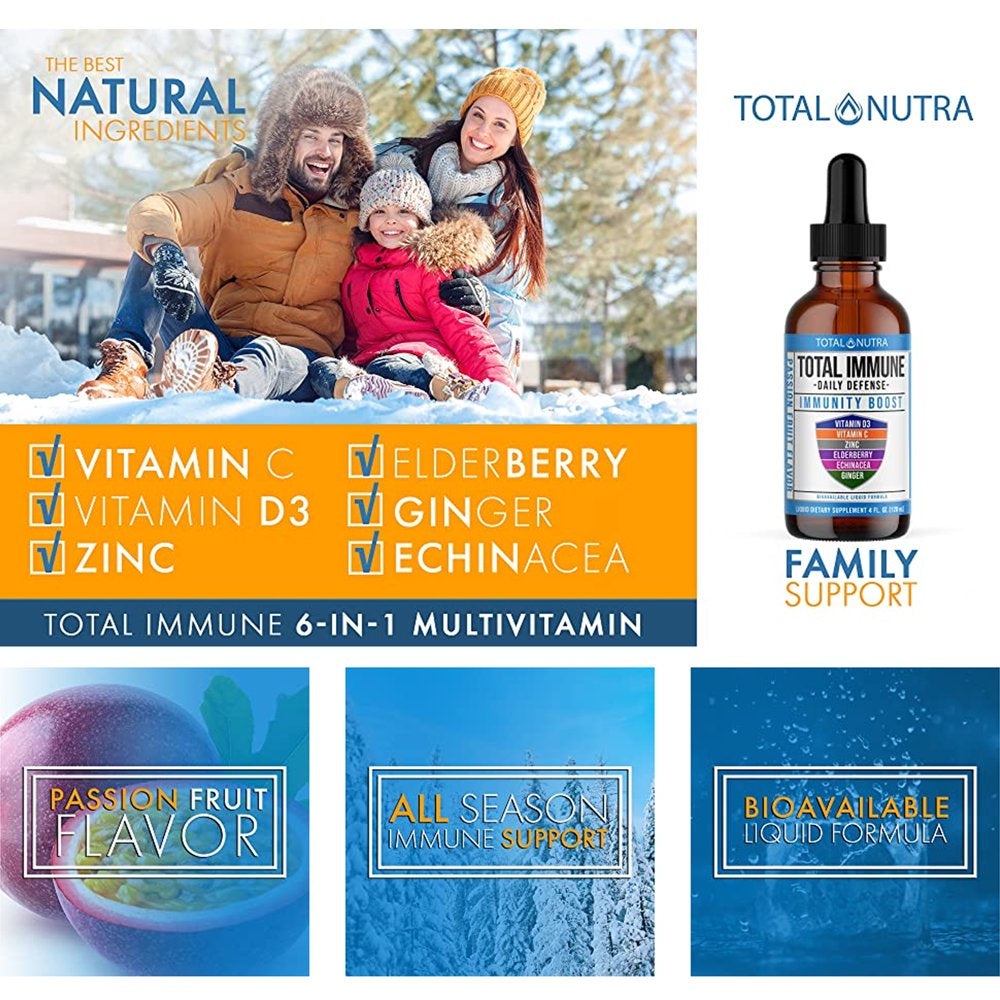 Total Nutra 6-In-1 Liquid Multivitamin Supplement - Immunity Drops - Elderberry, Echinacea & Ginger Defense Support for Adults & Kids - 4 Oz. Passion Fruit.