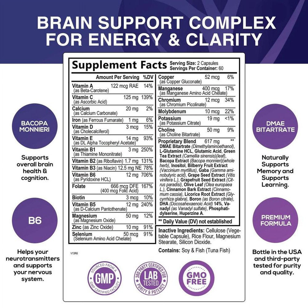 Brain Supplement for Memory & Focus - Nootropics for Concentration & Energy - 60 Capsules