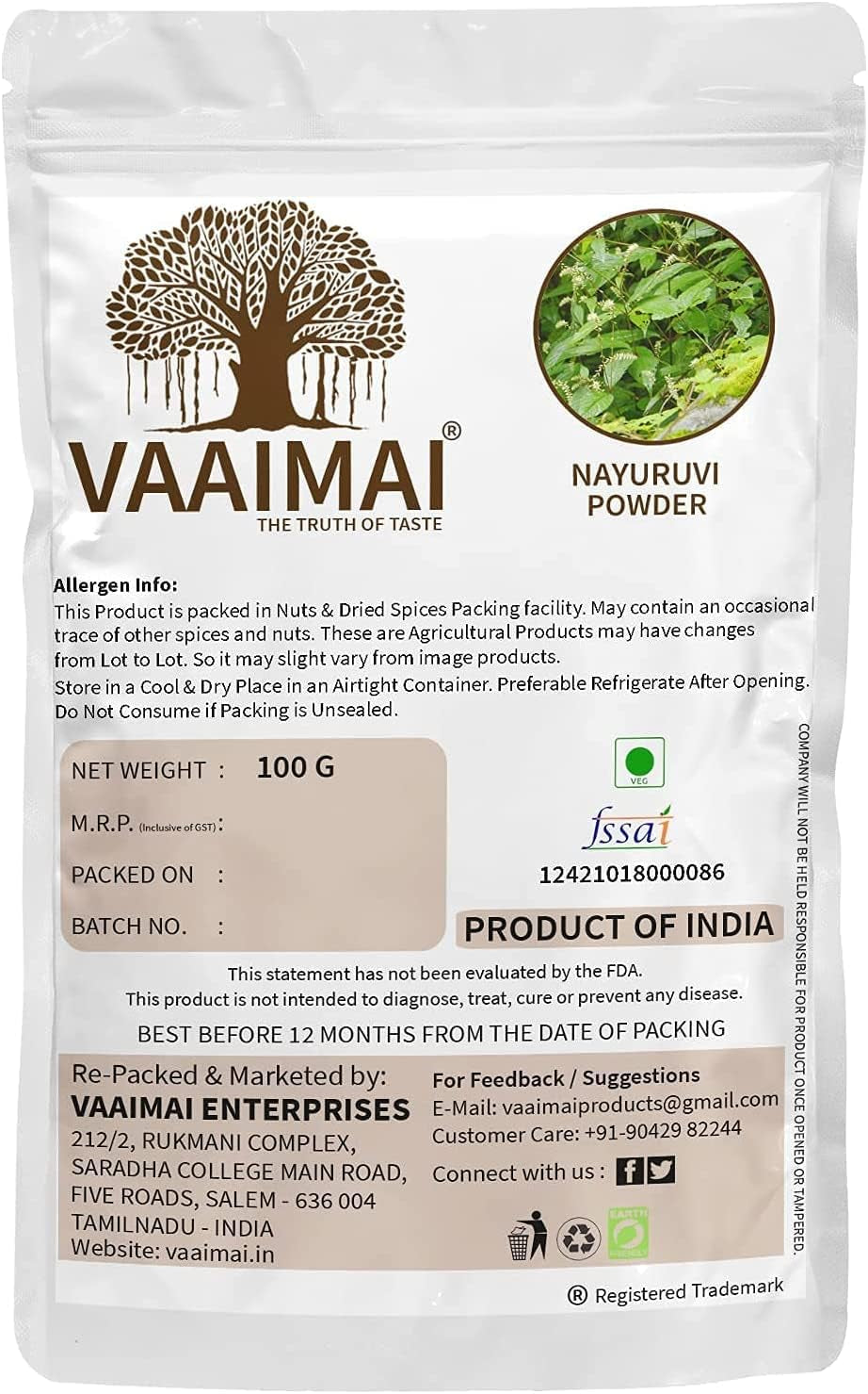 CROW VAAIMAI Nayuruvi Powder/Apamarga/Achyranthes Aspera, 100G