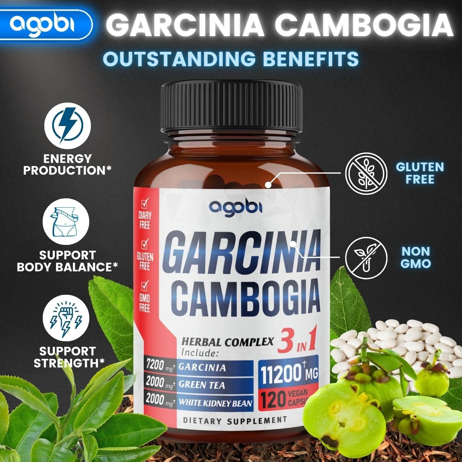 Agobi 3In1 Garcinia Cambogia Extract Capsules - 11200Mg Herbal Supplement for Body Health & Immune Support - Blended with Organic Green Tea & White Kidney Bean - 120 Vegan Capsules - 2 Month Supply