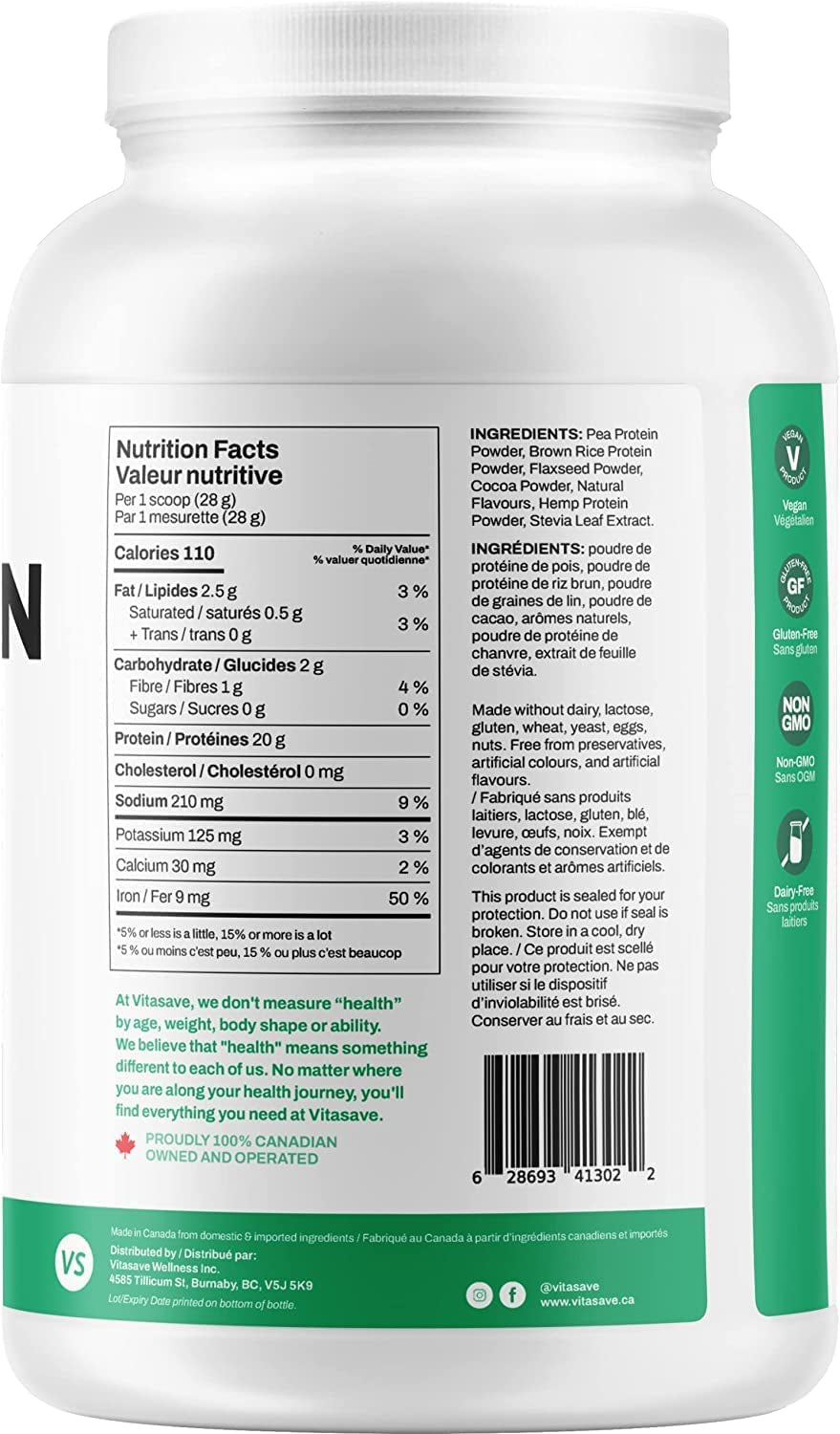 Vitasave Vegan Protein Powder (Highest Number of Servings)-Natural Chocolate Flavor, 20G Plant Based Protein, 26 Servings, 750G Tub, Soy Free, Gluten Free, Dairy Free and Sugar Free