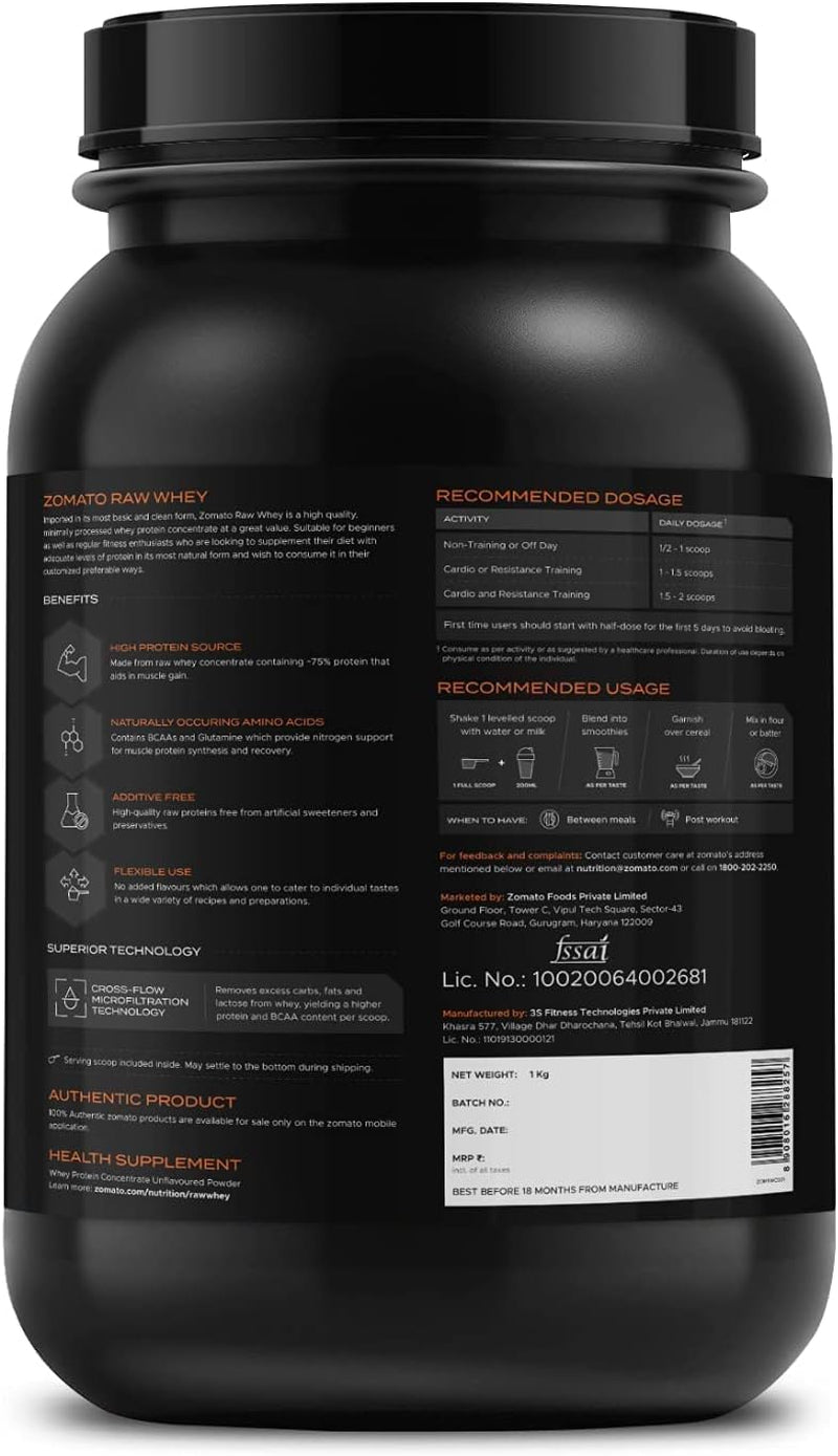 TARIN Zomato Raw Whey Concentrate (Unflavoured) | 24G Protein, 5.2G BCAA, Raw Whey Imported from Europe - No Additives | 1 Kg/2.2 Lbs - 30 Scoops