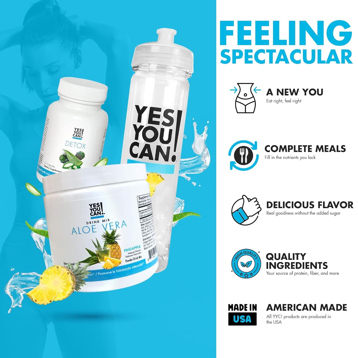 Yes You Can! Detox Kit Bundle - Includes YYC! Capsules, Aloe Vera Drink Mix, and Water Bottle, Body Cleanse Kit, Daily Cleanse and Proper Hydration with Vitamins - (Pineapple)