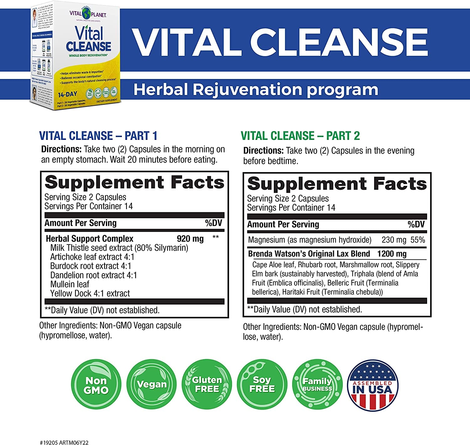 Vital Planet - Vital Cleanse with Milk Thistle, Magnesium, Cape Aloe and Herbs, Natural Supplement for Occasional Constipation and Healthy Elimination, 2-Part - 14 Day Kit, 56 Capsules