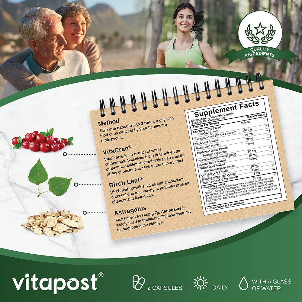 Vitapost Kidney Support Supplement with Cranberry, Uva Ursi, Astragalus - 60 Capsules