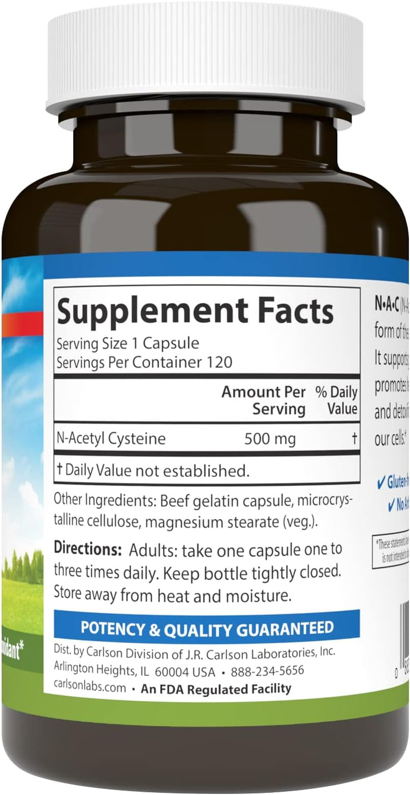 Carlson - NAC, N-Acetyl Cysteine, 500Mg, Liver Health, Immune Function, Antioxidant, 120 Vegetarian Capsules