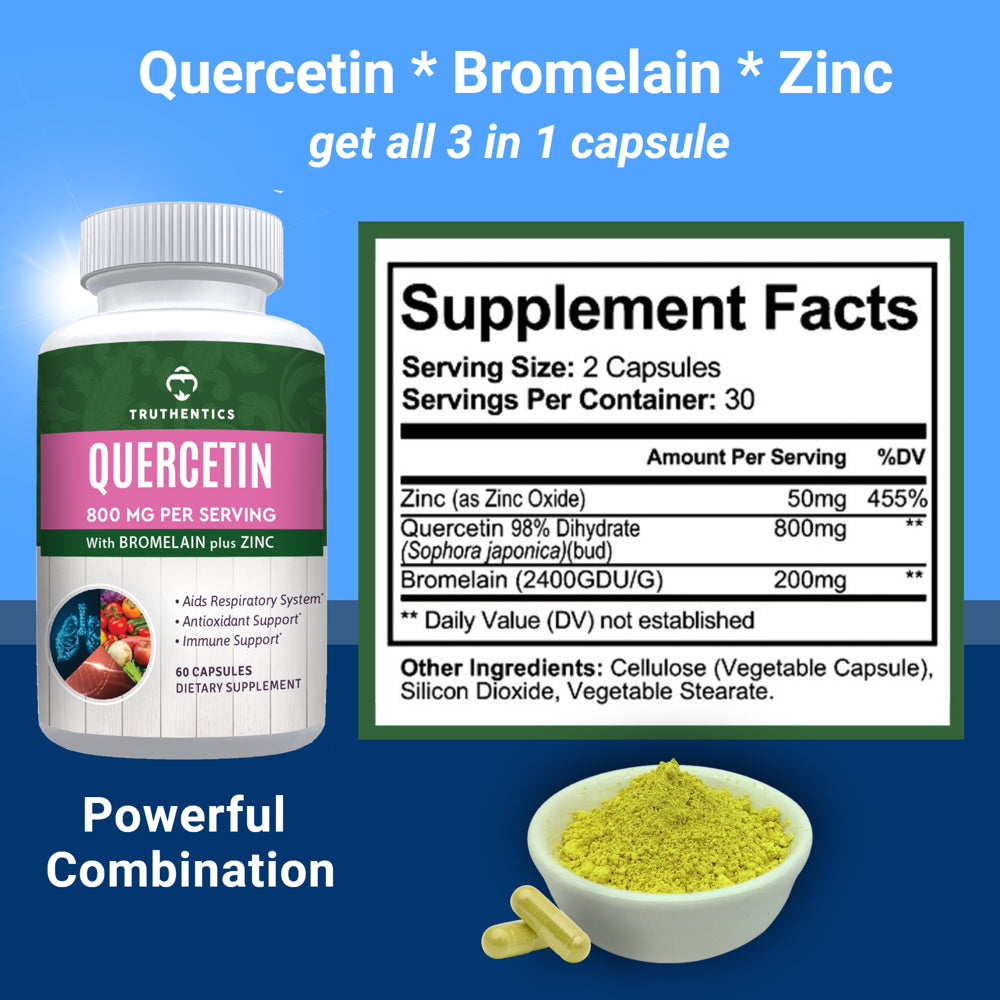 Truthentics Quercetin with Bromelain Zinc Supplement - Quercetin 800Mg - Antioxidant, Immune System Booster, Allergy Relief - 60 Veggie Capsules