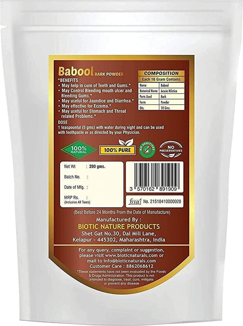 Kent Biotic Natural Babool Bark Powder | Babul Powder | Acacia Nilotica | Babool Gum Powder, 200 G