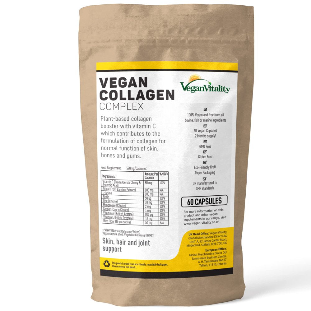 Vegan Collagen Supplements for Skin, Hair, Nails & Joints with Biotin, Lysine, Bamboo Silica, Zinc, Vitamin C, E & A. 2 Months Supply. Plant Based Vegetarian Collagen Booster Supplement for Vegans
