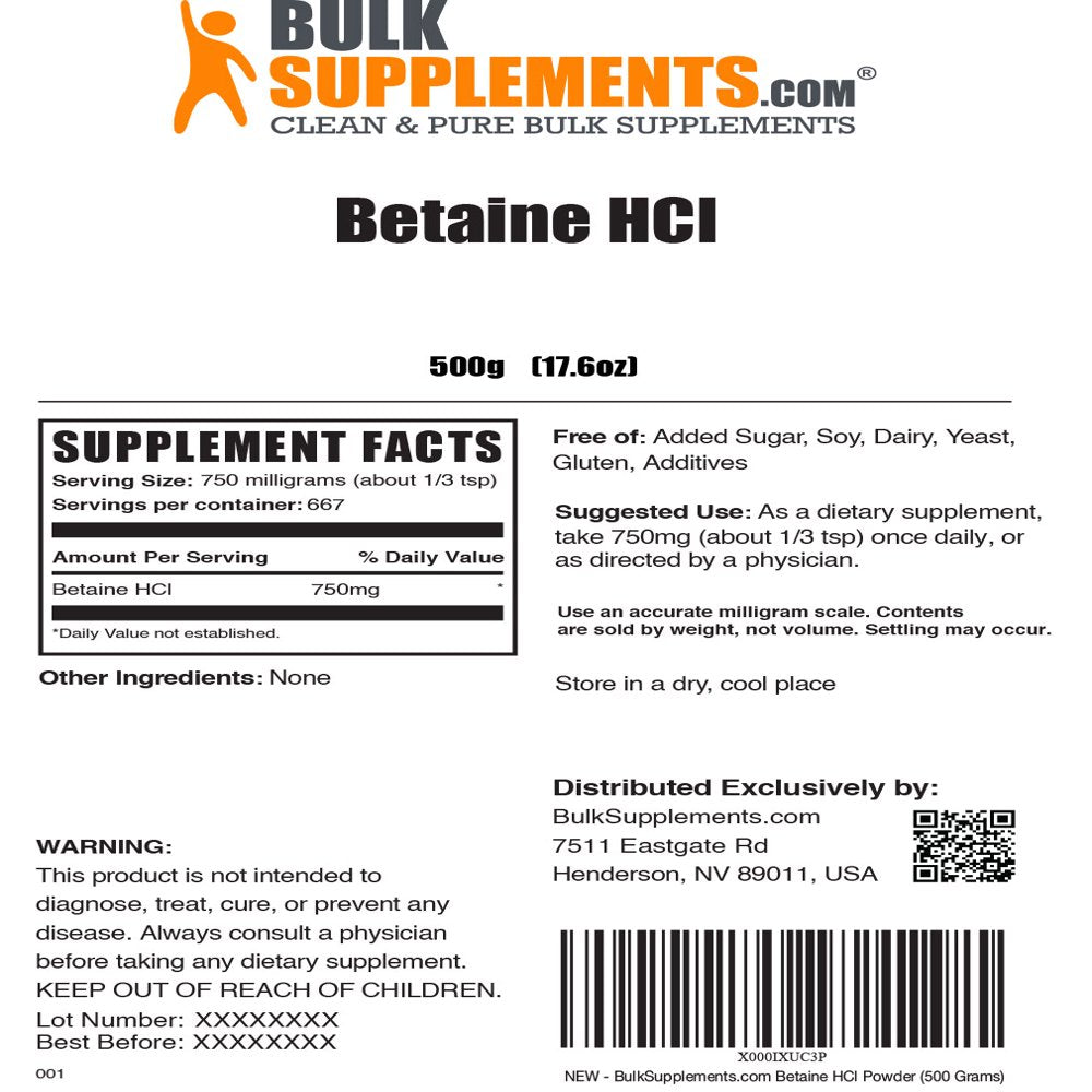 Bulksupplements.Com Betaine Hcl Powder - Digestion Supplement - Gallbladder Support (500G)