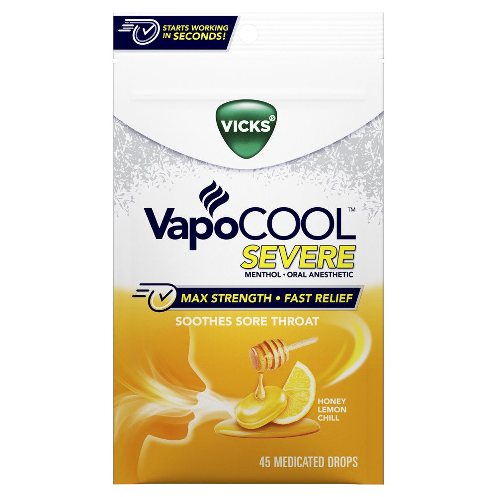 Vicks Vapocool Severe Medicated Sore Throat Drops, Menthol, Over-The-Counter Medicine, Lemon, 45 Ct