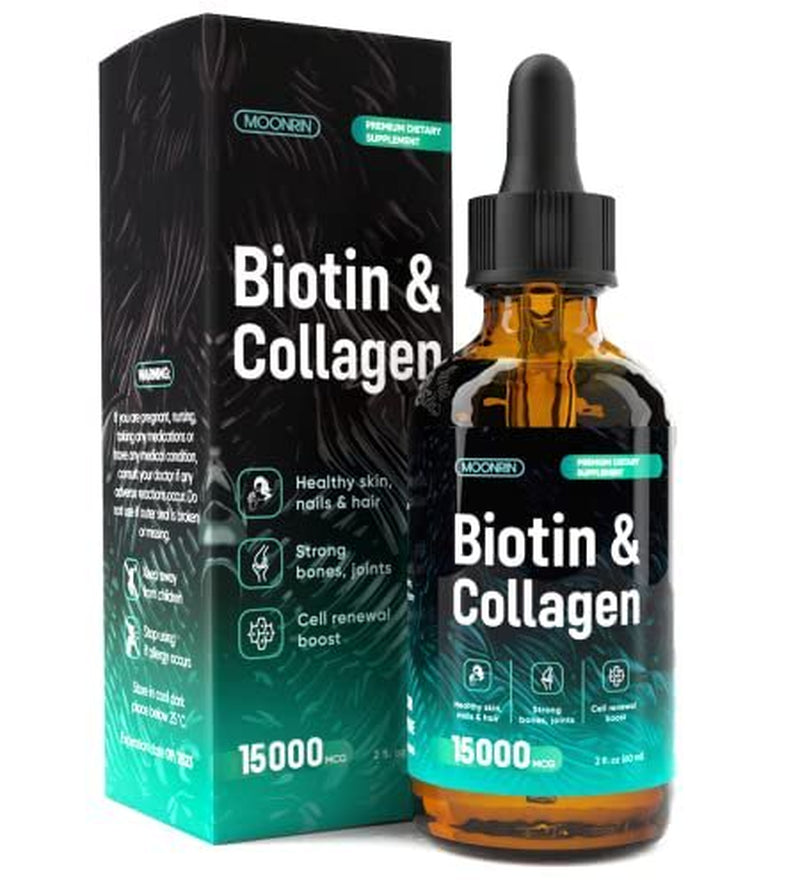 MOONRIN Biotin and Collagen Liquid Drops 15000Mcg - Natural Hair Skin Nails Vitamins - Support Fast Hair Growth - Collagen 10000Mcg, Biotin 5000Mcg - Rapid Absorption - 2 Fl Oz