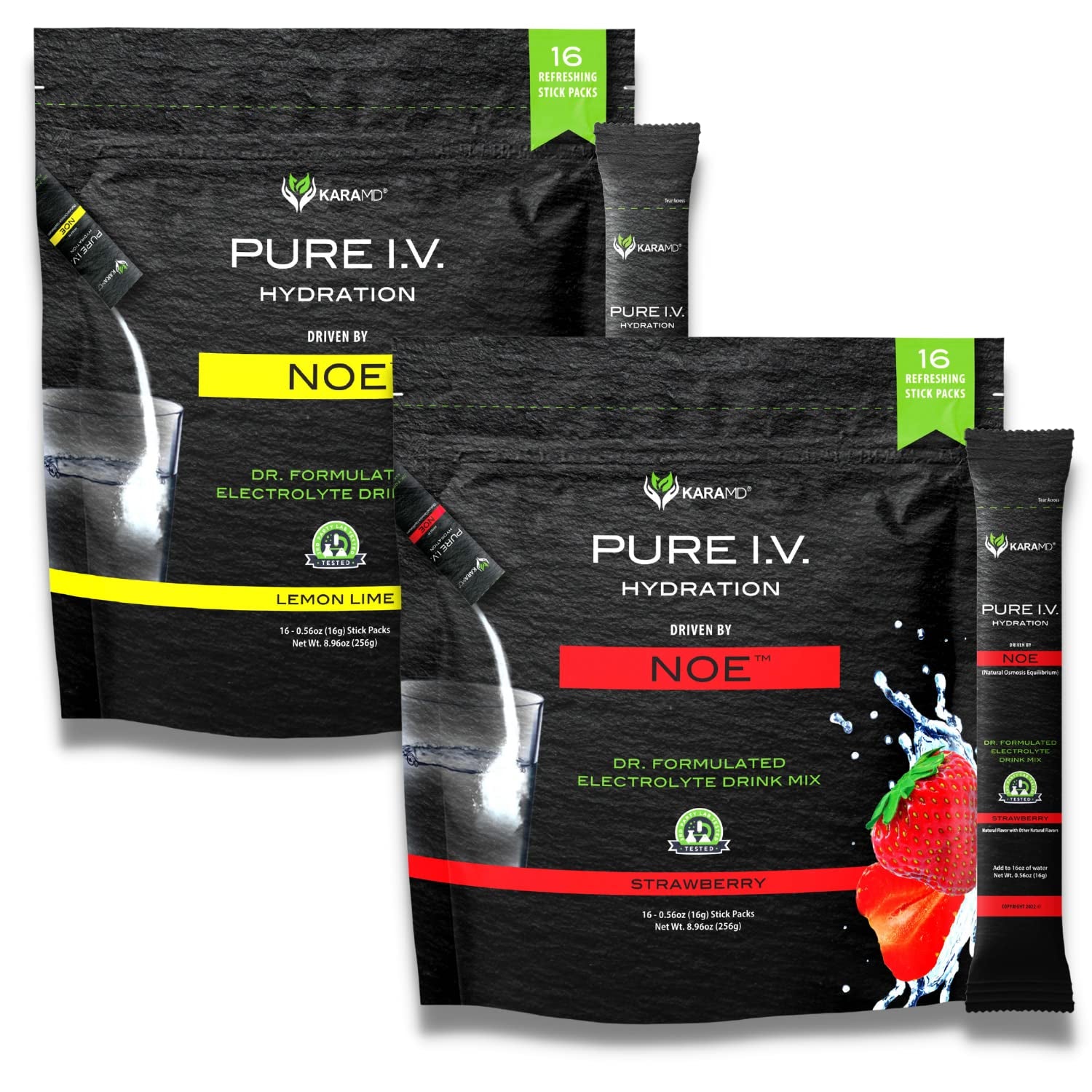 Karamd Pure I.V. - Doctor Formulated Electrolyte Powder Drink Mix 2 Flavor Bundle – Refreshing & Delicious Hydrating Packets with Vitamins & Minerals – 1 Lemon Lime & 1 Strawberry Bag (32 Sticks)