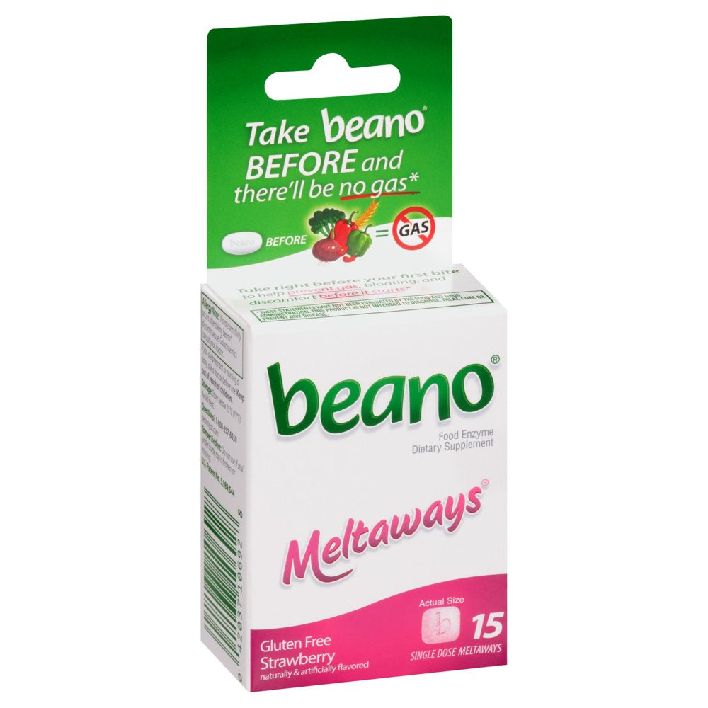 Beano Meltaways, Gas Prevention & Digestive Enzyme Supplement, Strawberry Flavor, 15 Count