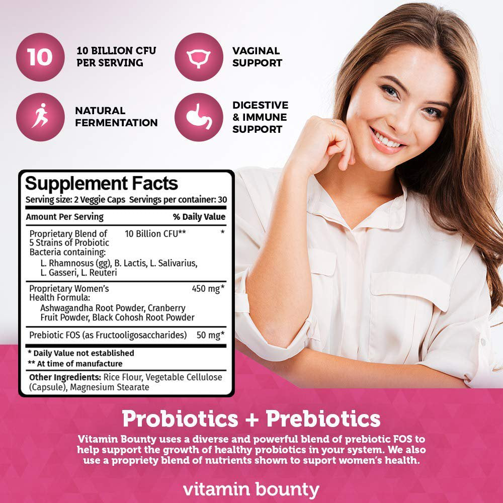 Vitamin Bounty Probiotic & Prebiotic for Women - 10 Billion Cfus per Serving with Cranberry, 5 Strains - for Feminine Health, Bv Defense & Ph Balance