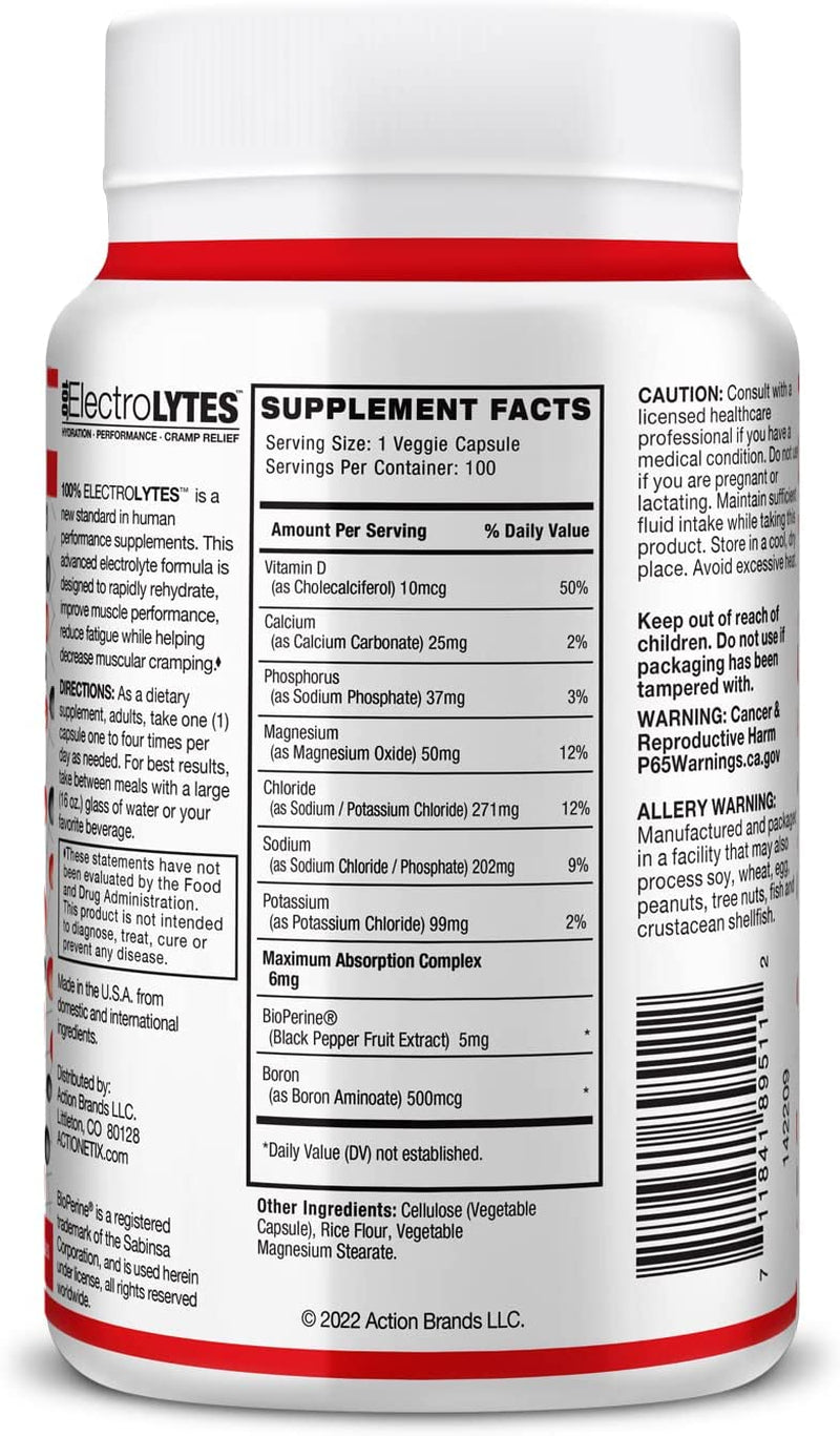 ACTIONETIX Electrolytes (100 Caps) - Hydration Tablets - Electrolyte Replacement Pills for Quick & Lasting Rehydration – Stimulant Free Electrolyte Capsules, Salt Capsules, Salt Tabs, Hydration Pills