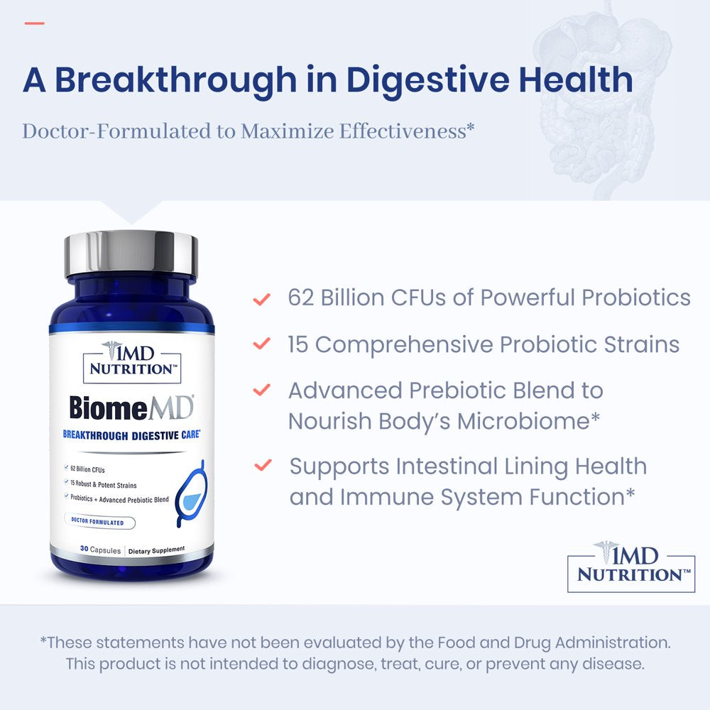 1MD Nutrition Biomemd Probiotics | 62 Billion Cfus, 15 Clinically Studied Strains - Pro & Prebiotics | Doctor-Formulated for Digestive Health & Immune Support | 30 Capsules