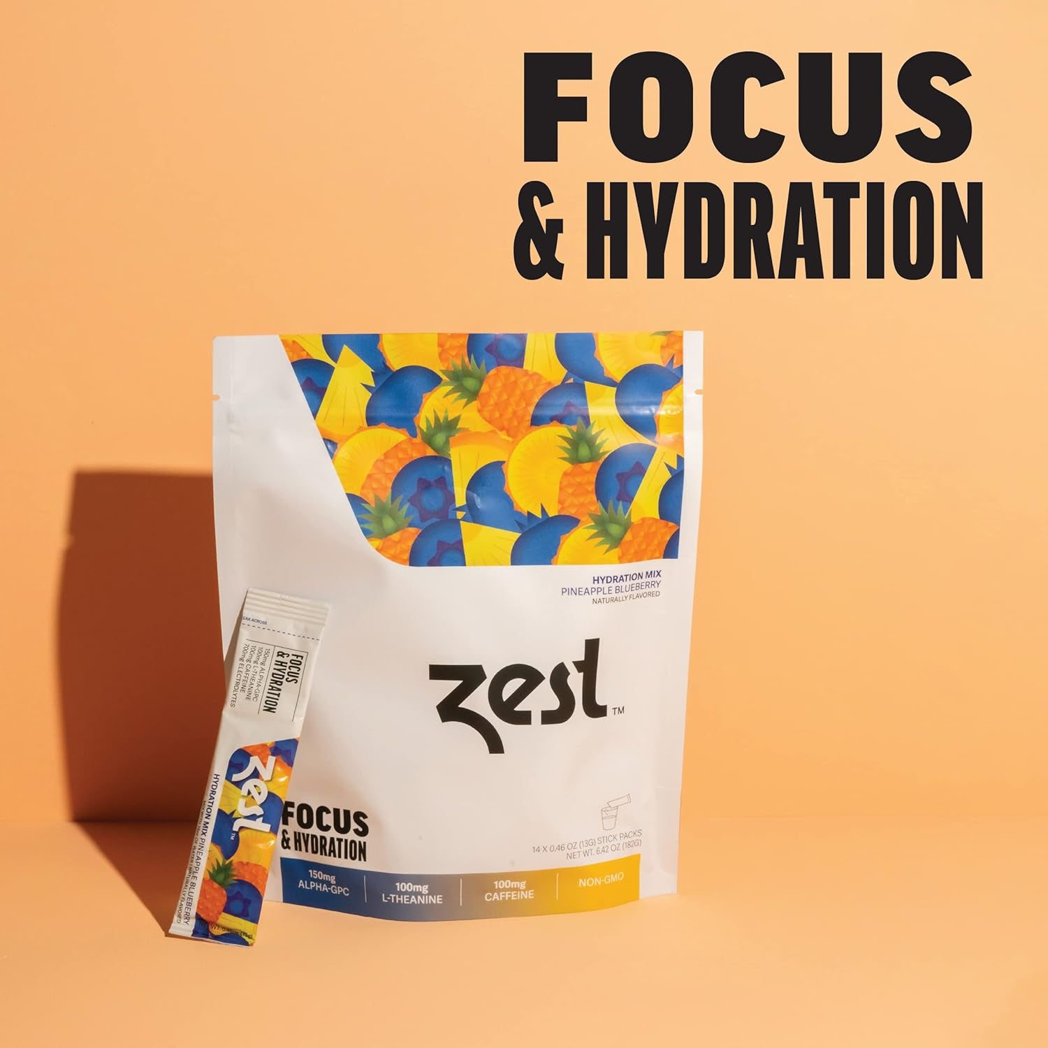 Zest Caffeine, L-Theanine, & Alpha GPC - Focus & Electrolyte Hydration Powder - Pineapple Blueberry - Mix W/Water - 14 Packets - Nootropic Brain Booster Supplement Drink - Low Sugar Liquid Enhancer