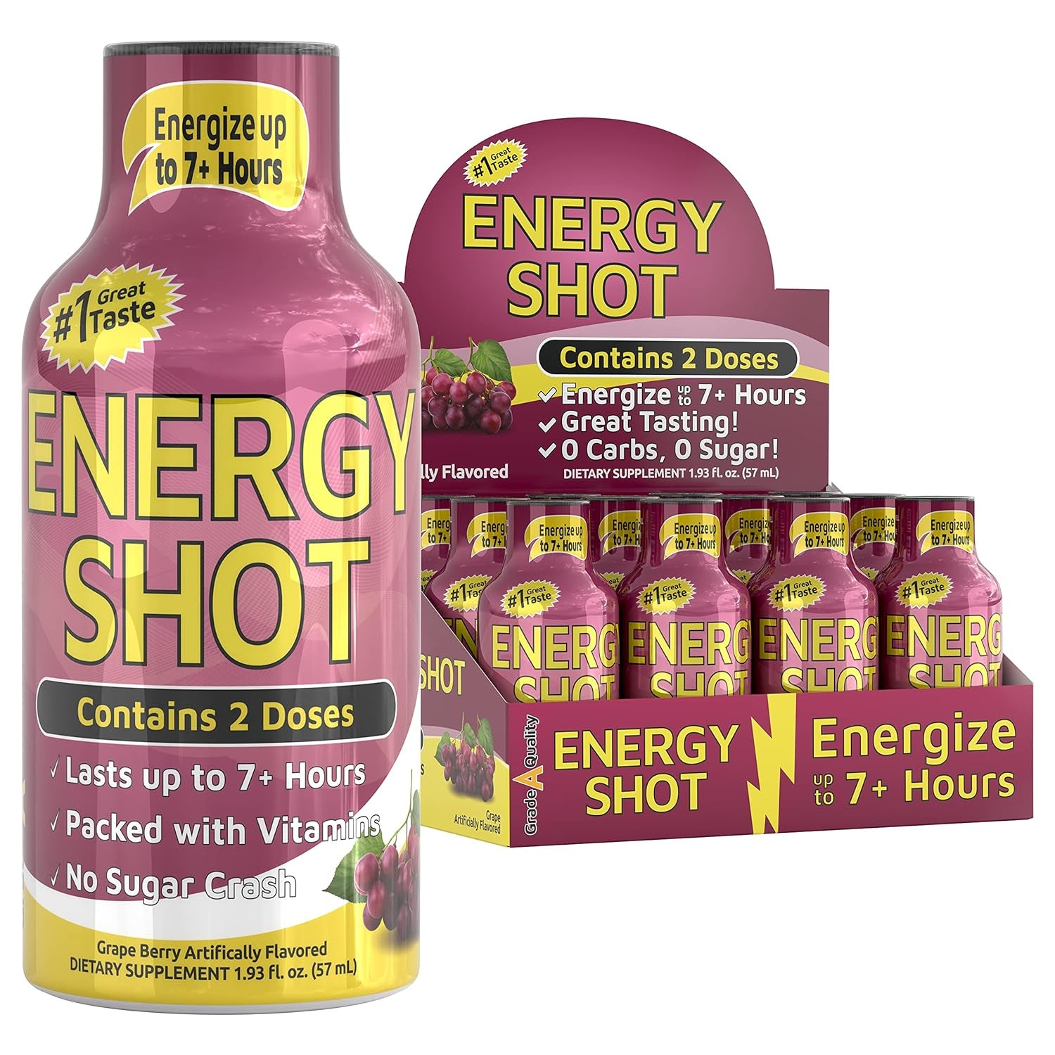 Vitamin Energy Shots, Grape Flavor, up to 7+ Hours of Energy, 1.93 Fl Oz, 12 Count