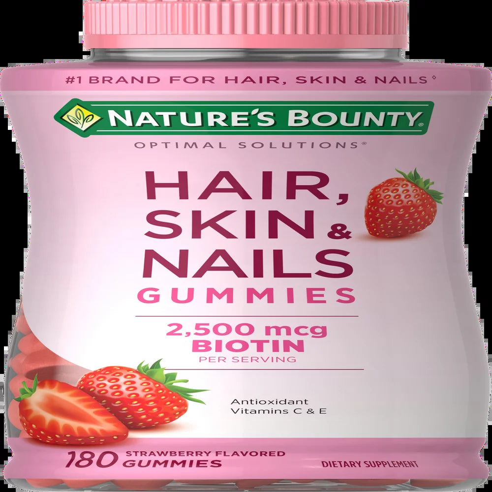 Nature'S Bounty Hair, Skin and Nails Strawberry Gummies, 2500Mcg Biotin, 180 Ct.