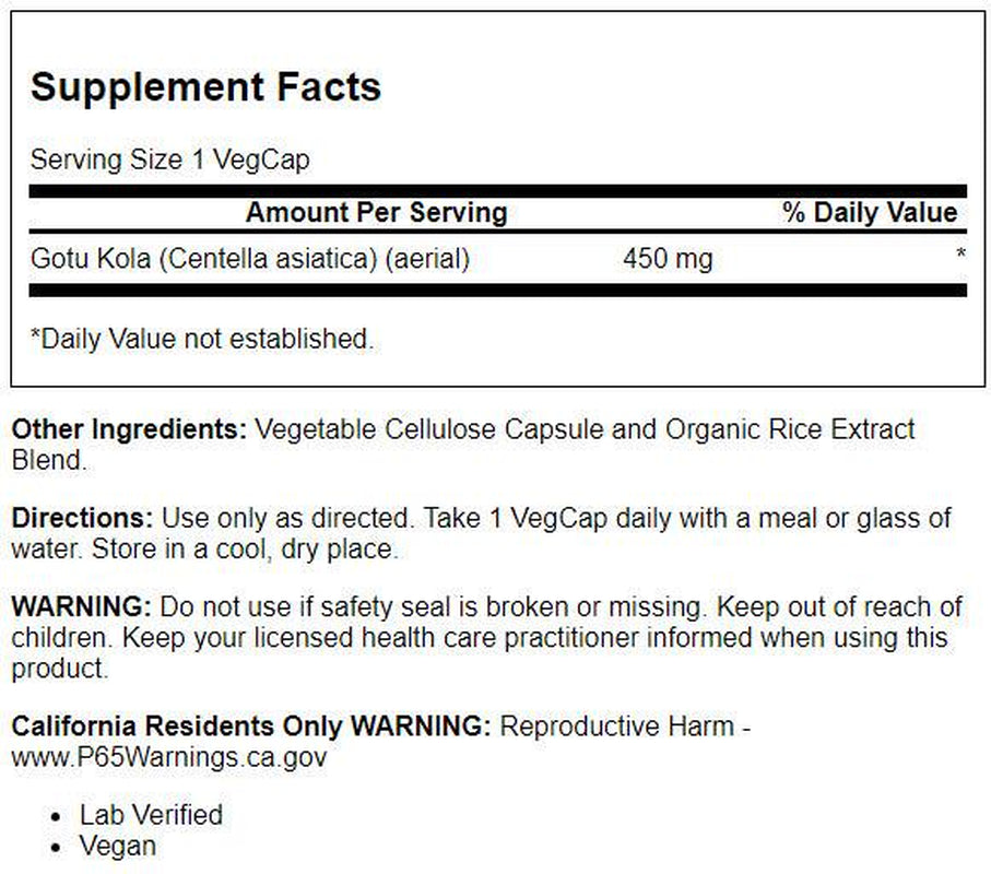 Solaray Gotu Kola 450 Mg | Healthy Mood & Blood Circulation Support | Non-Gmo & Vegan | 100 Vegcaps