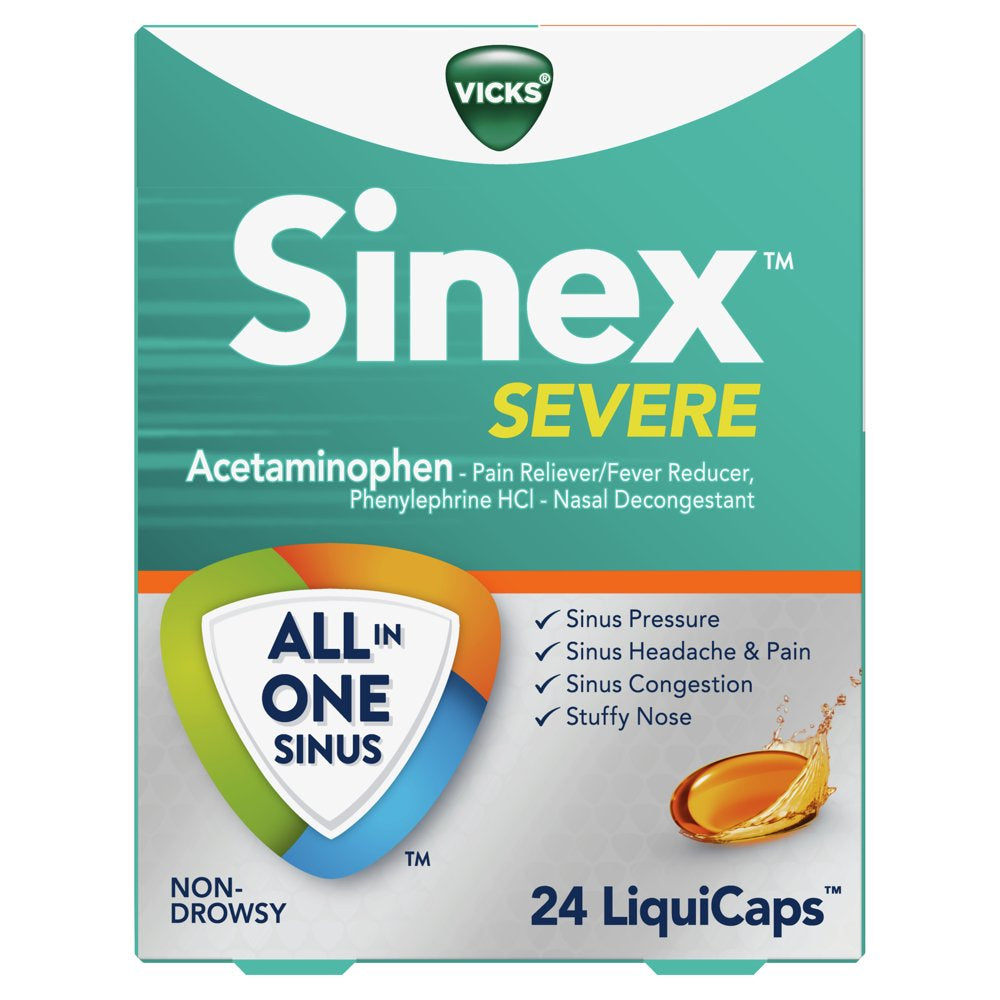 Vicks Sinex Severe Liquicaps, All-In-One Sinus Relief, Over-The-Counter Medicine, 24 Ct