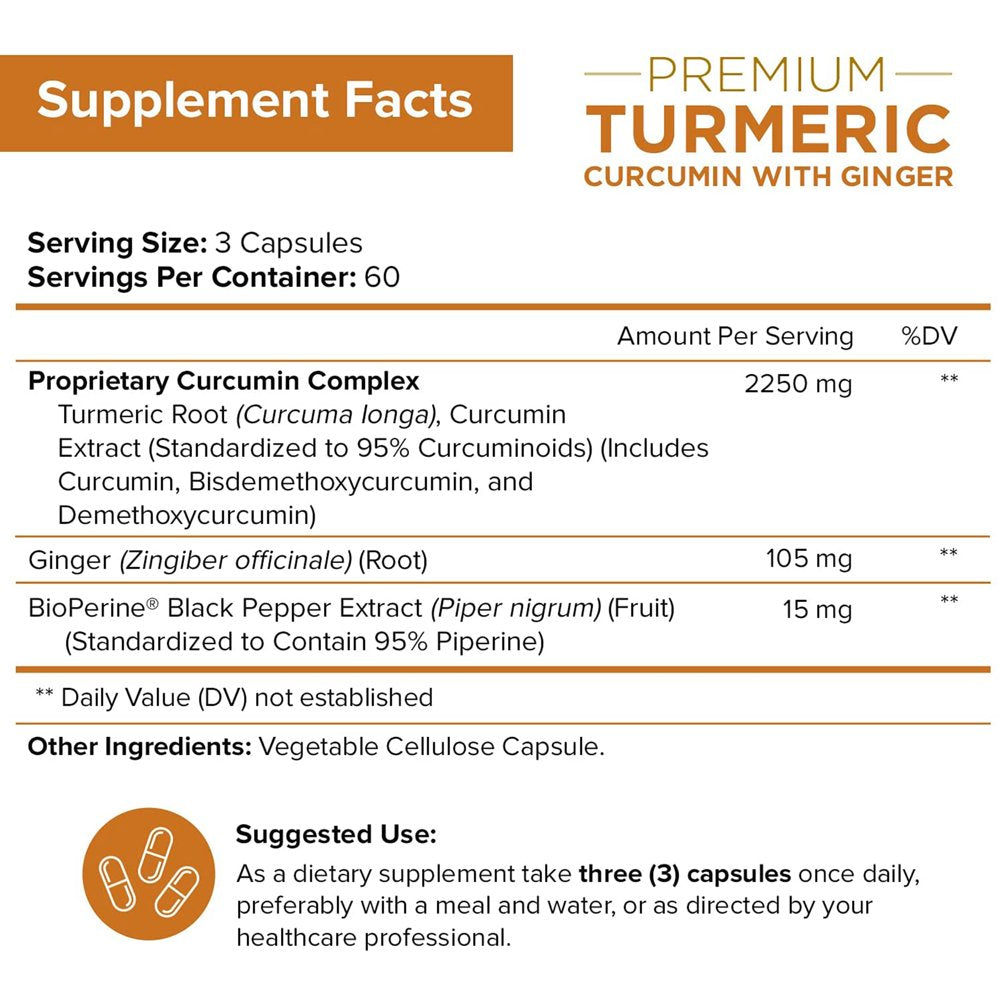 Turmeric Curcumin with Ginger and Bioperine Black Pepper Antioxidant Supplement, 180 Capsules - 100% Natural, Non-Gmo, Vegan Best Maximum Potency