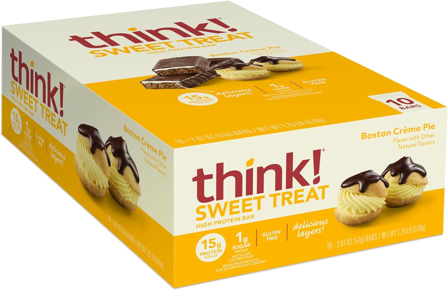 Think! Protein Bars, High Protein Snacks, Gluten Free, Kosher Friendly, Sweet Treat, Boston Creme Pie, 10 Count