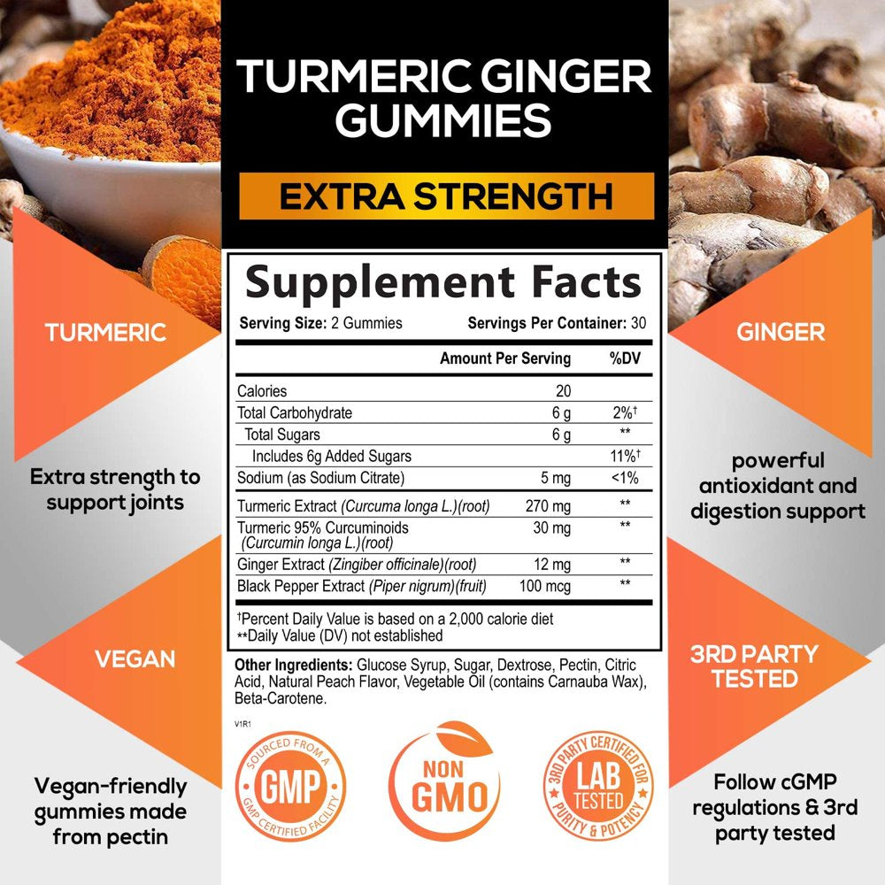 Turmeric Ginger Gummies - Vegan Turmeric Curcumin Gummy with 95% Curcuminoids - Black Pepper for Max Absorption, Premium Joint Support Supplement, Nature'S Tumeric Extract, Peach Flavor - 60 Gummies