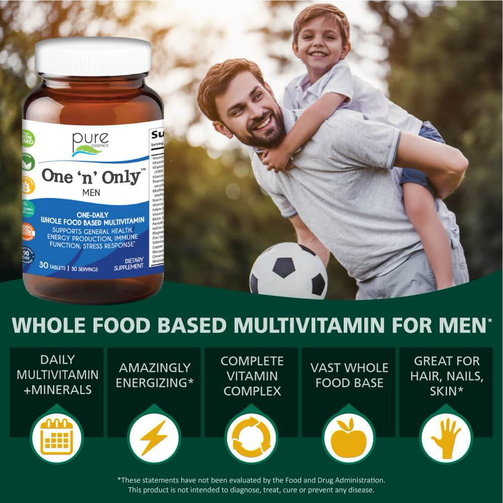 One N Only Multivitamin for Men - One a Day Whole Food Supplement with Superfoods, Minerals, Enzymes, Vitamin D, D3, B12, Biotin by Pure Essence - 30 Tablets