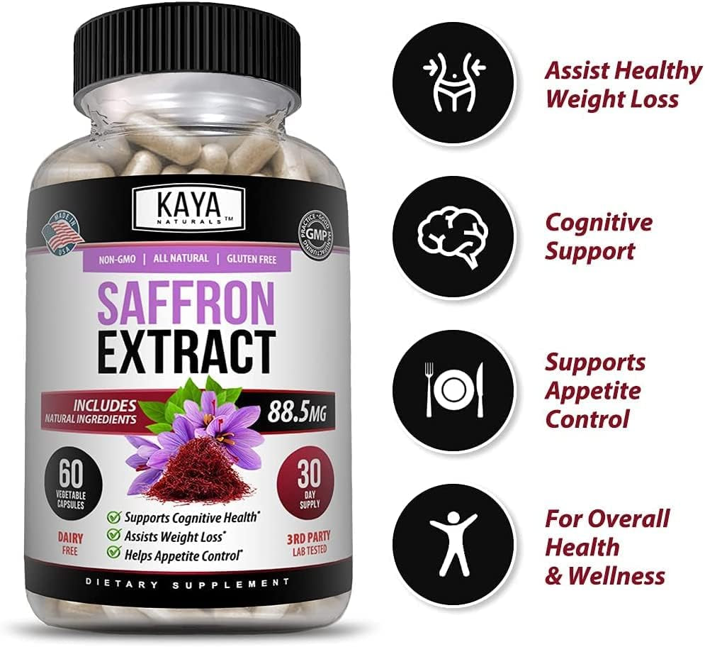 Kaya Naturals Saffron Supplement Capsule - 100% Pure Saffron Extract with Natural Ingredients | Boost Energy & Mood, Support Eye & Heart Health, 60 Count