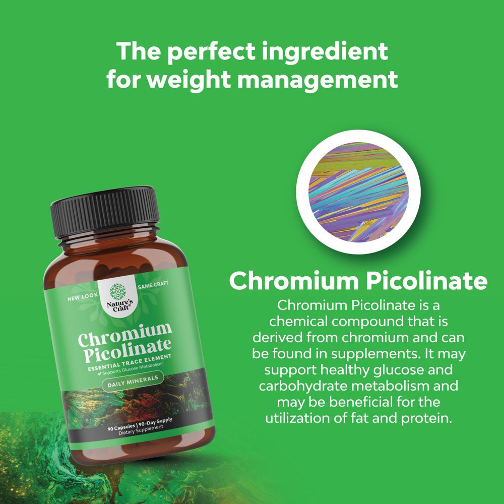 Chromium Picolinate 200Mcg Mineral Supplements - Natural Chromium Supplement for Sugar Balance Muscle Growth Brain Booster Heart Health - Natural Pre Workout for Men and Women