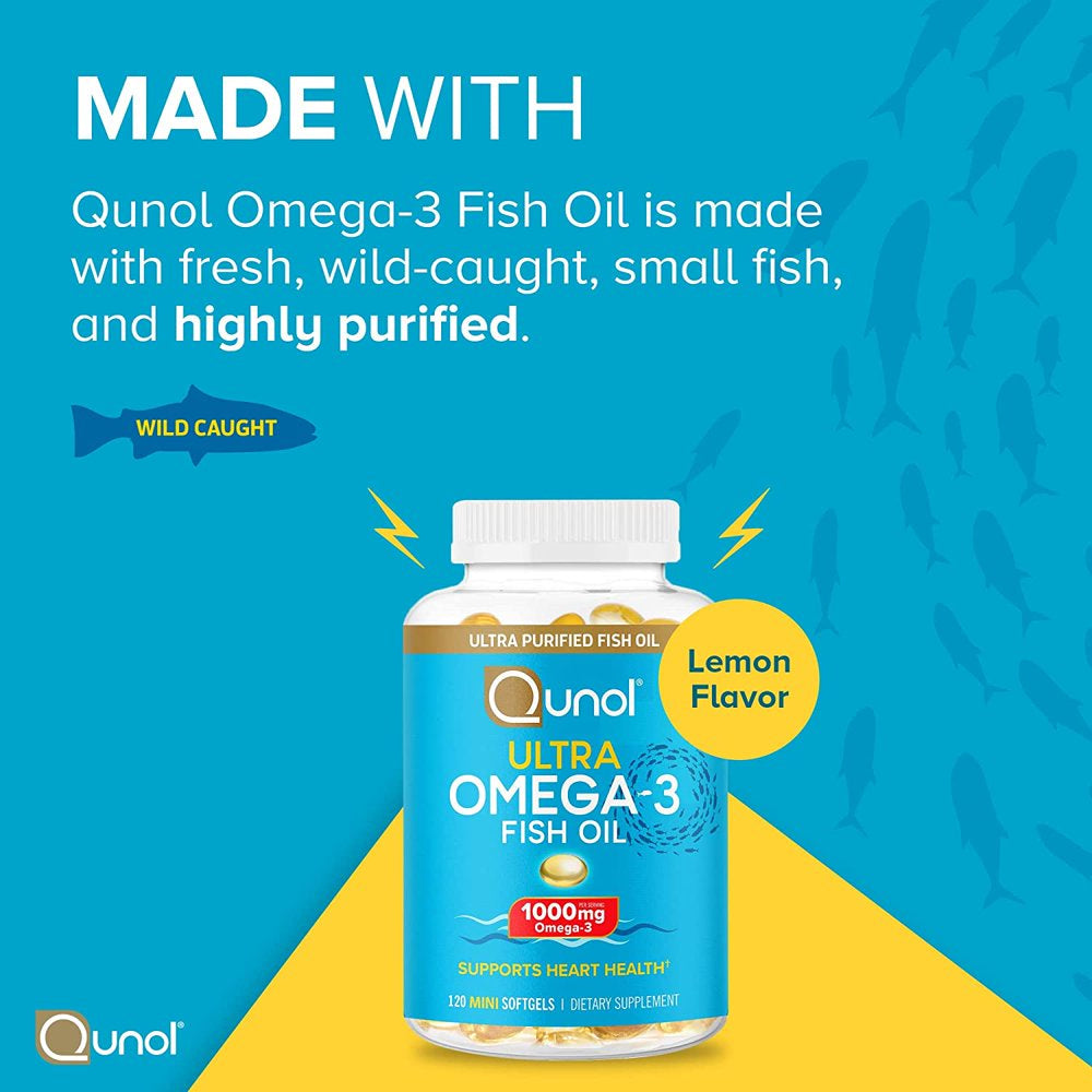 Qunol Mini Omega-3 Fish Oil Supplement (180 Count) Heart Health Support with 1000Mg Wild Caught Omega-3 Fatty Acids (Including EPA & DHA)