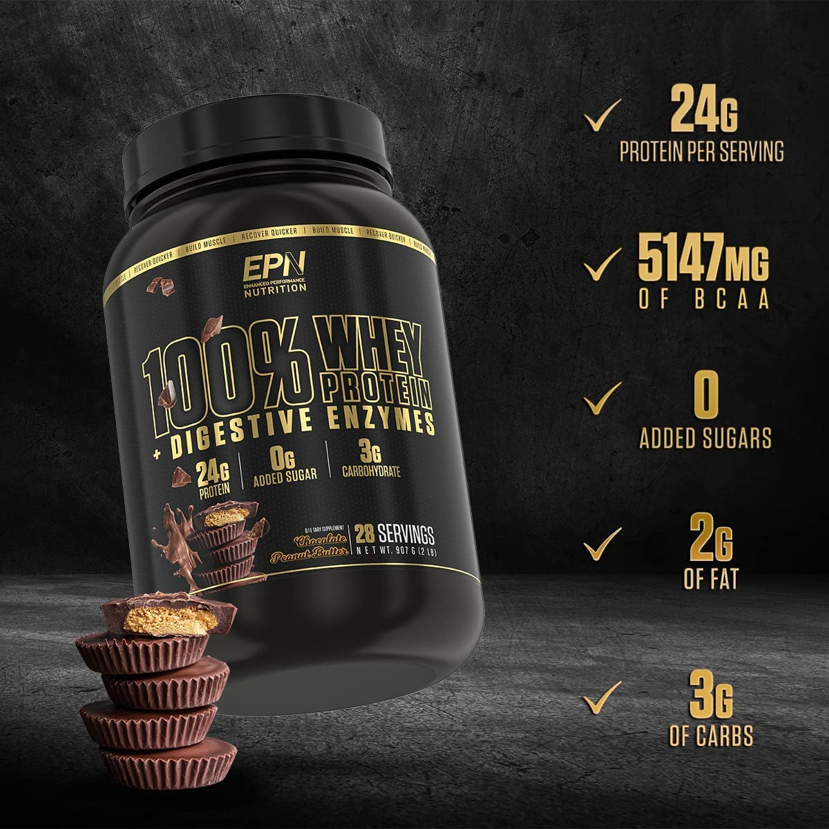 100% Whey Protein Powder | #1 Rated W/ 24G Protein, Digestive Enzymes, 0 Added Sugar or Fillers, Isolate + Concentrate | Build Muscle, Recover Quicker (Gluten Free, Keto Friendly) - Chocolate PB