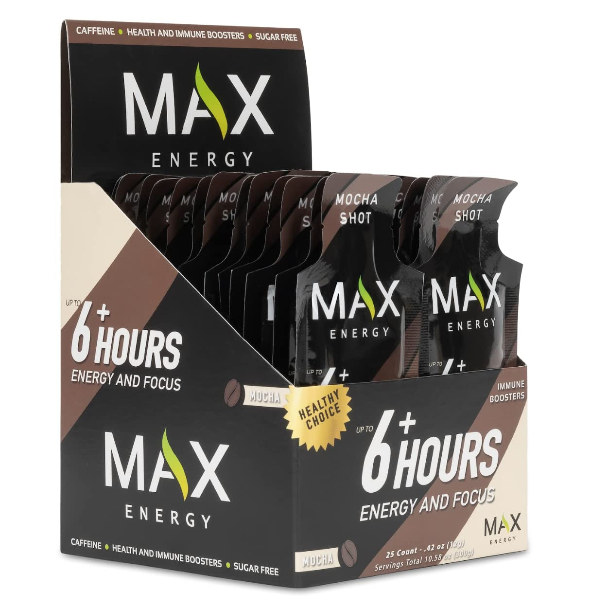 Max Energy Mocha Shot, Healthy Energy & Immune Boosters, Sugar Free, 5 Calories Each, up to 6 Hours of Energy, 25 Pack