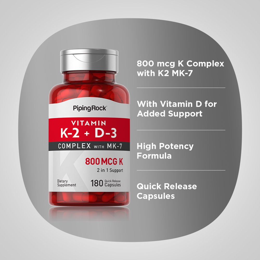 Vitamin K2 MK7 with D3 | 180 Capsules | 800 Mcg Complex | Vitamin D3 5000 IU | Non-Gmo, Gluten Free | by Piping Rock