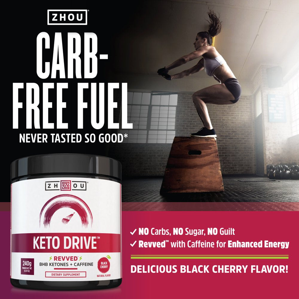 Zhou Keto Drive with BHB Ketones + Caffeine | Patented Beta-Hydroxybutyrates & Electrolytes | Black Cherry REVVED | 16 Servings, 240 Grams