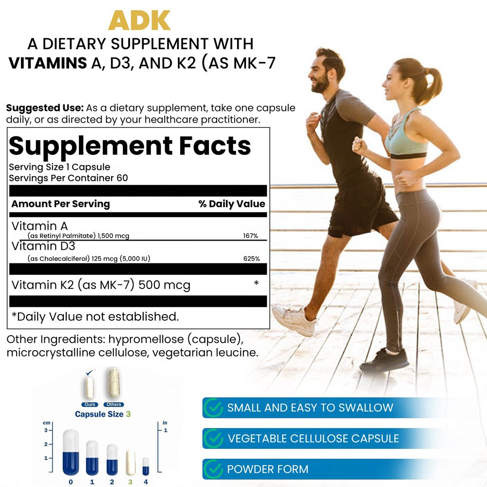 Vida Flex+ ADK Vitamin Supplement Vitamin a Vitamin D3 5000 IU & Vitamin K2 Powerful Trio to Support Bone Structure Heart Health Immune Function, 2-Month, One Daily Pill- 60 Vegetarian Capsules