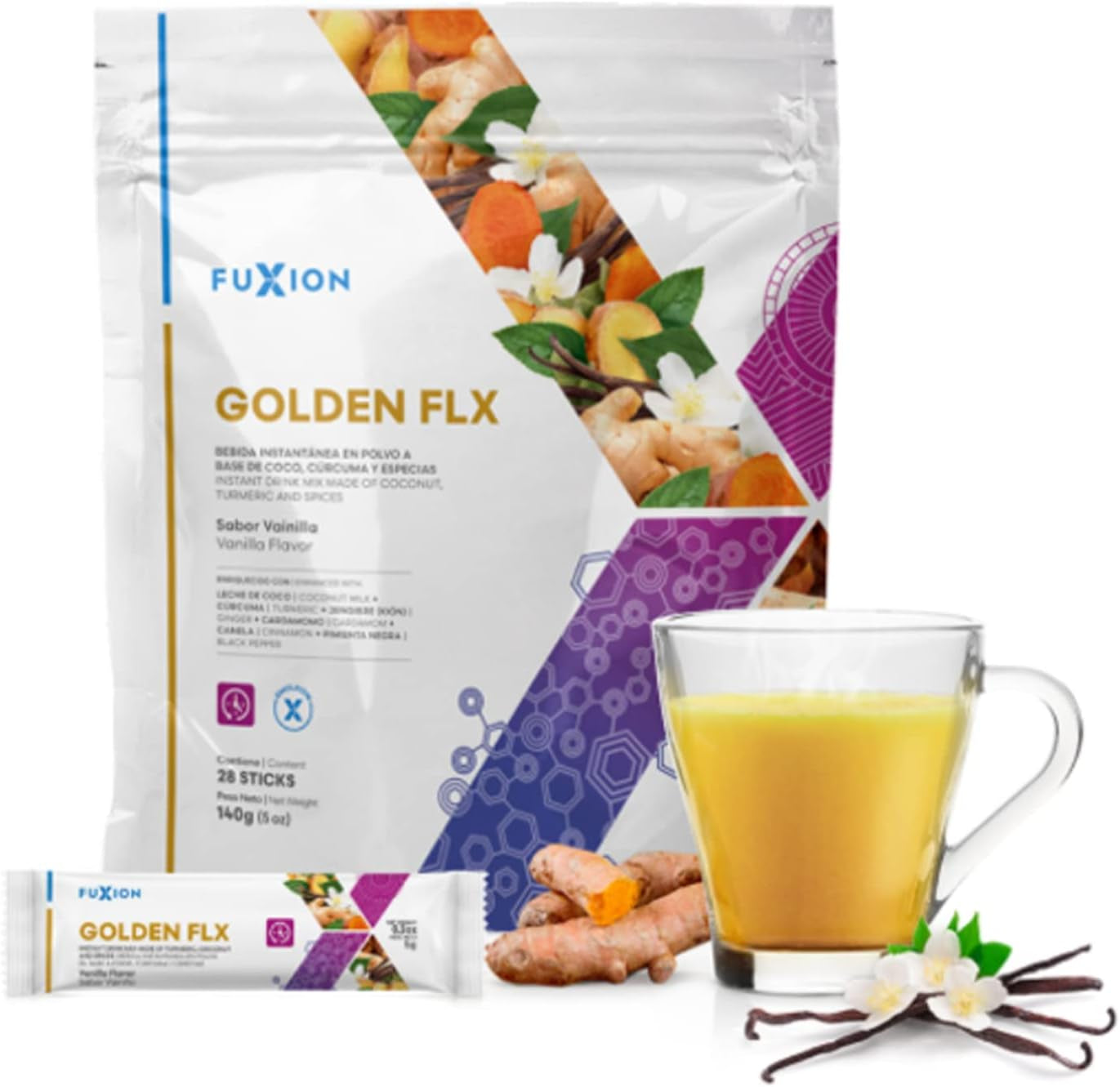 Fuxion Goden Flx-Contribute to Improve the Flexibility & Mobility of Joints, Help Control Oxidative Processes,Organic Coconut Oil Included,Vanilla Flavor (Golden FLX, 28 Sticks)