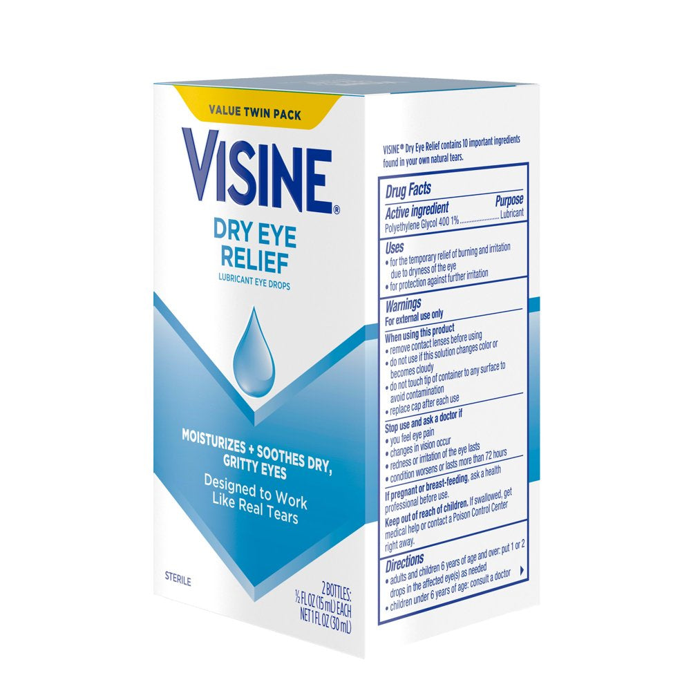 Visine Dry Eye Relief Lubricating Eye Drops, Twin Pack, 2 X 0.5 Fl. Oz