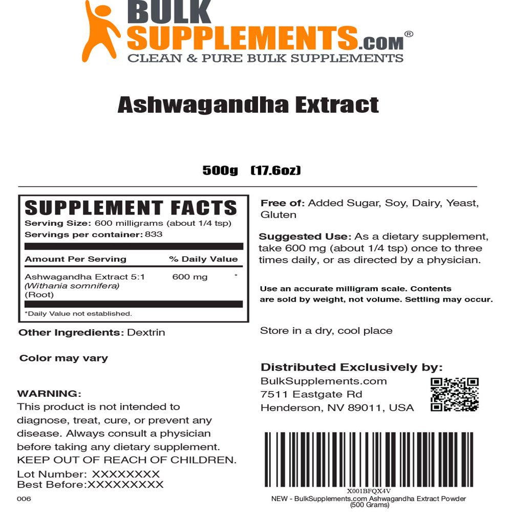 Bulksupplements.Com Ashwagandha Extract Powder, 600Mg - Brain & Energy Support (500G - 833 Servings)