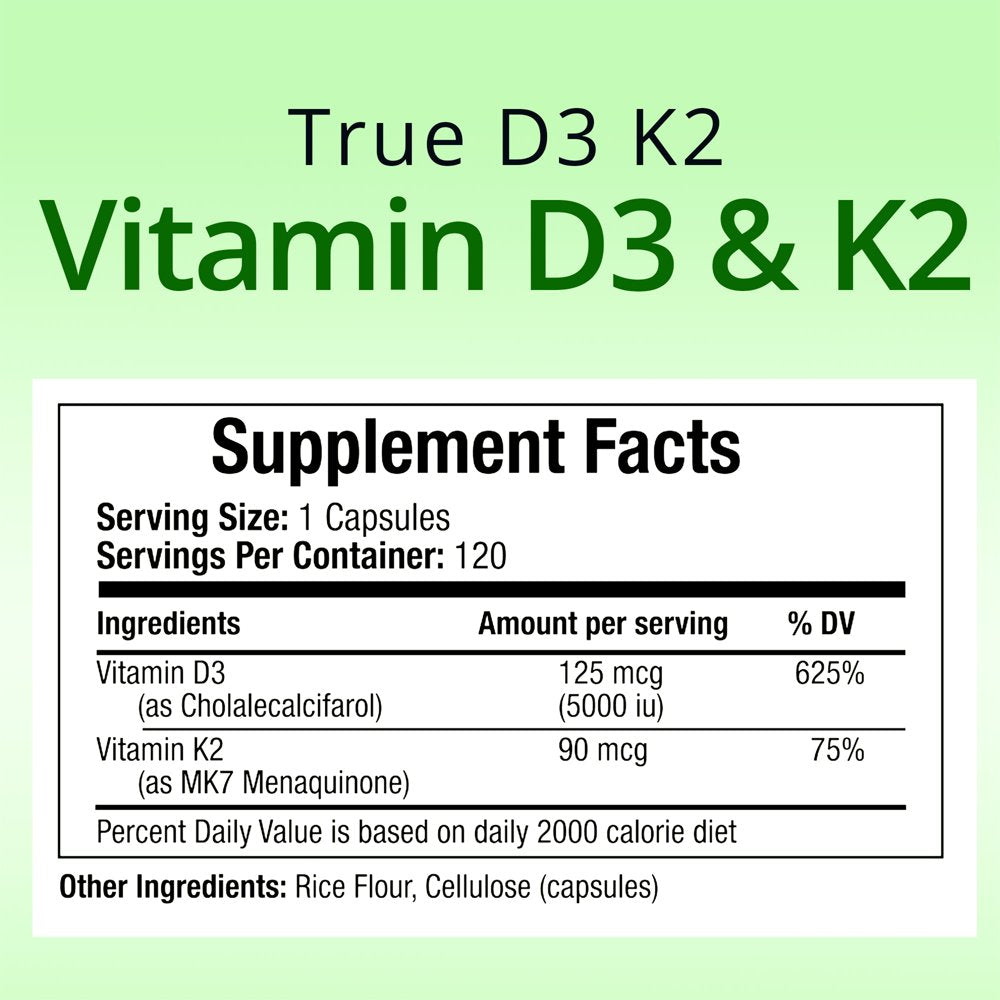 Truemed Vitamin D3 K2 5000 IU 125 Mcg Vitamin D, MK7 Vitamin K2 Supplements for Bone Heart Health 120 Veggie Capsules