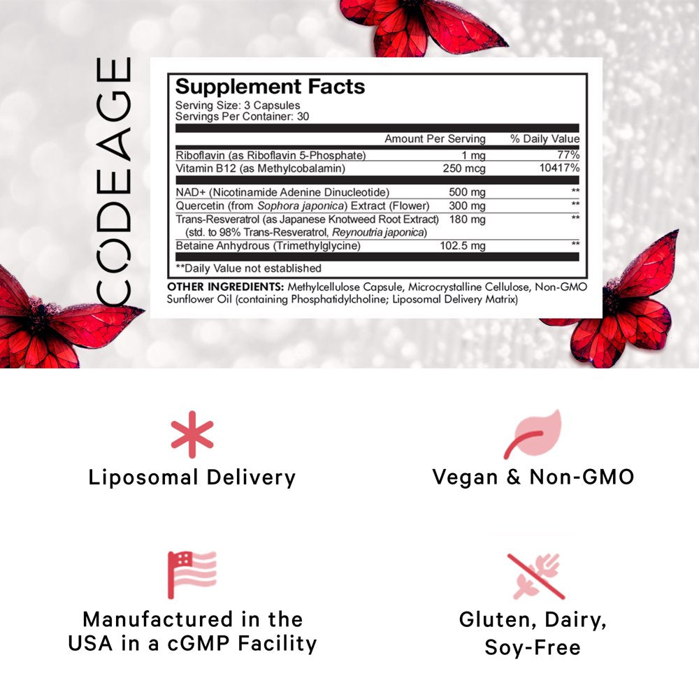 Codeage Liposomal NAD+ Ultra, Trans-Resveratrol, Quercetin, Betaine, Riboflavin, Vitamin B12, 90 Ct