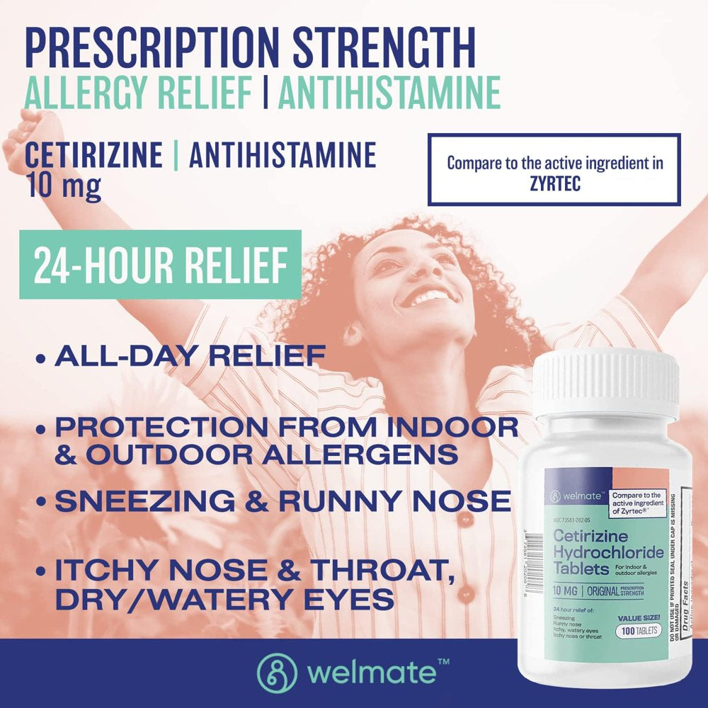 Welmate Allergy Relief | Cetirizine HCL 10 Mg | 100 Count Tablets | 24 Hour