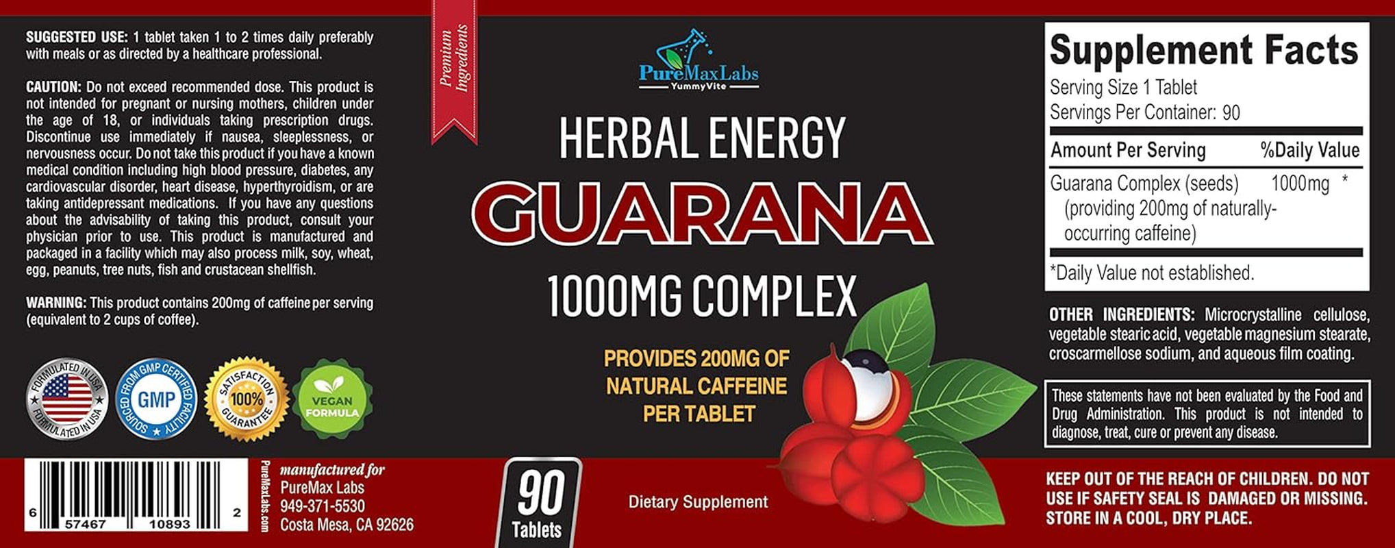 Natural Energy Guarana 1000MG - Provides 200MG of Herbal Caffeine (2 Cups Coffee), Antioxidants, Boost Mental Focus, Natural Caffeine Tablets, 90 Tablets