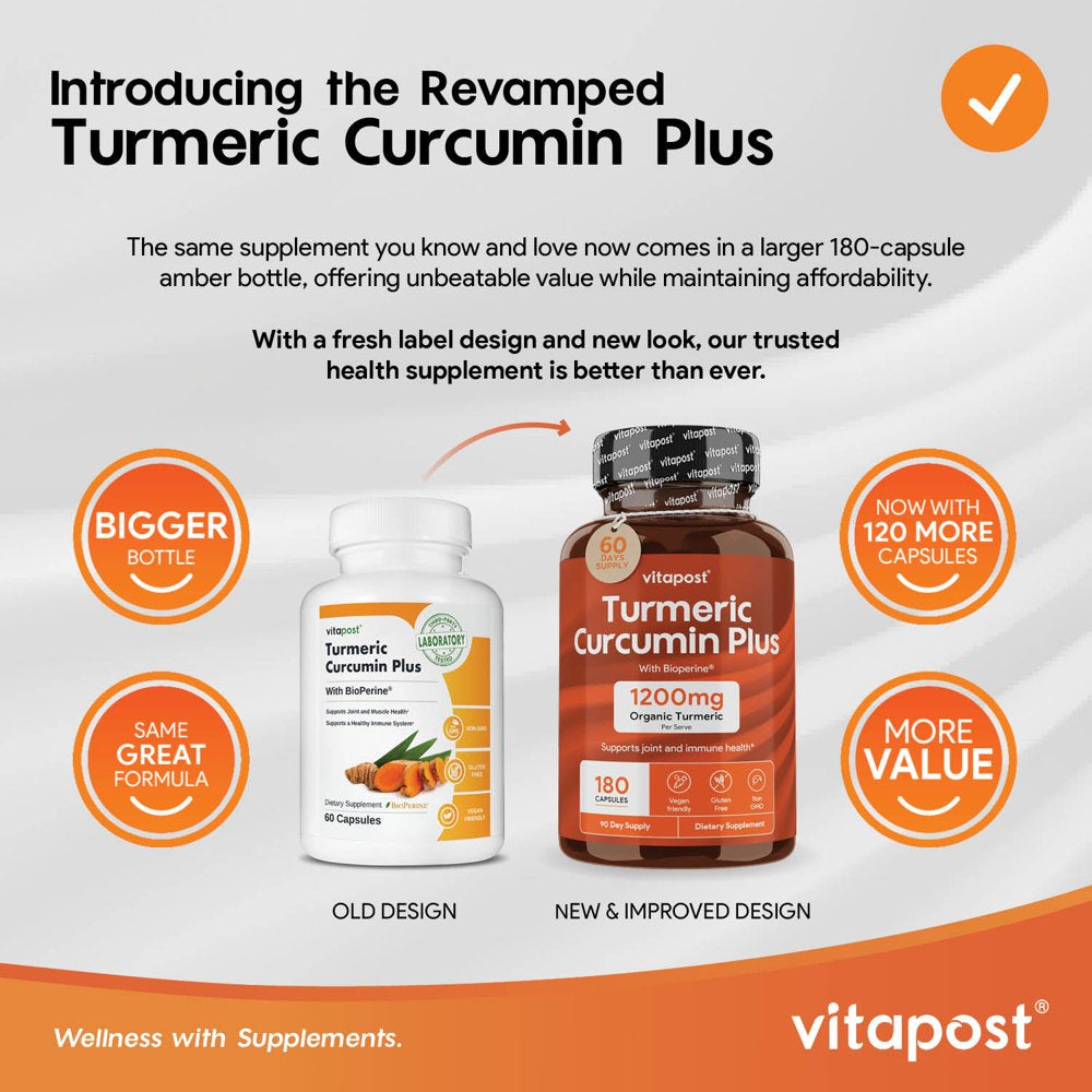 Vitapost Turmeric Curcumin plus Supplement for Joint, Muscle, Immune System Support - 180 Capsules