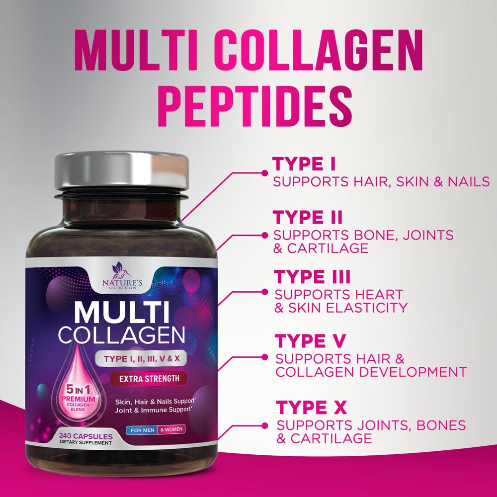 Multi Collagen Complex Pills - Type I, II, III, V, X, Grass Fed & Non-Gmo Hydrolyzed Collagen Peptides Supplement - Supports Hair, Nails, Skin & Joint Health, Gluten-Free, Paleo & Keto - 240 Capsules