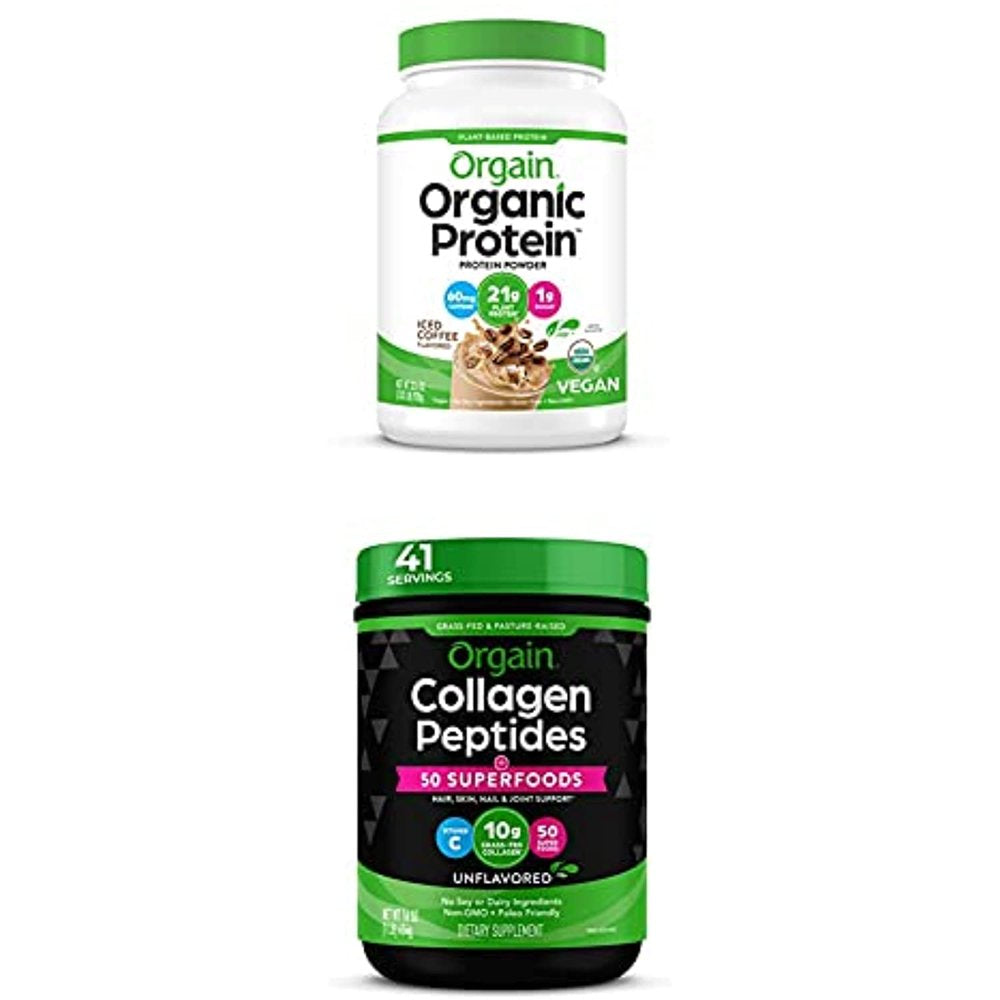 Orgain Organic Plant Based Protein Powder, Iced Coffee, 2.03 Lb + Organic Collagen + 50 Superfoods Powder, Type I & Iii, Amino Acid Supplement, Packed with Spinach, Chia, Flax, Quinoa & Acai, 16 Oz