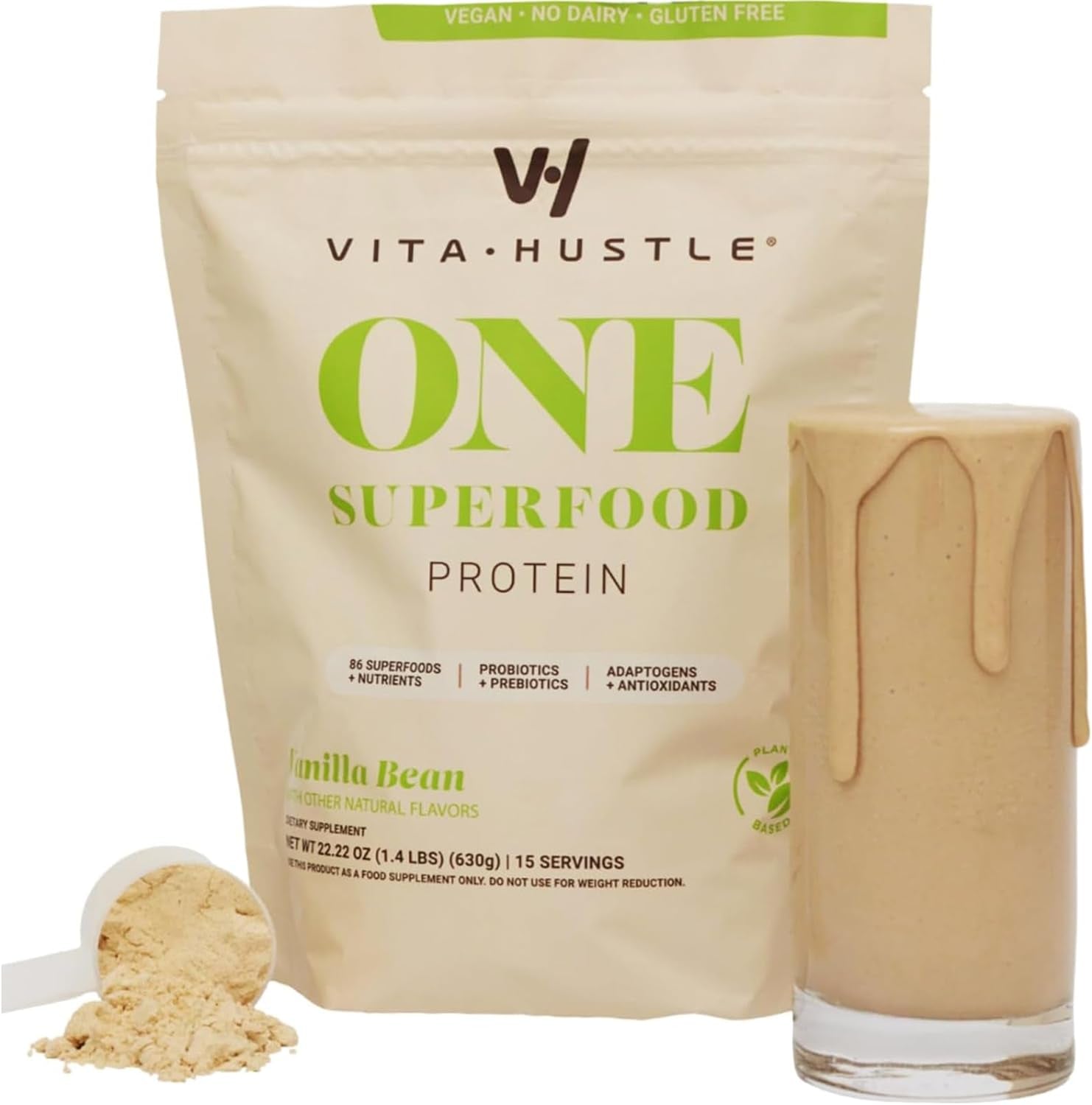 Vitahustle ONE Superfood Protein Powder & Greens Shake by Kevin Hart, 20G Vegan Protein, Meal Replacement, Probiotics, No Added Sugar (Vanilla Bean) 15 Svg